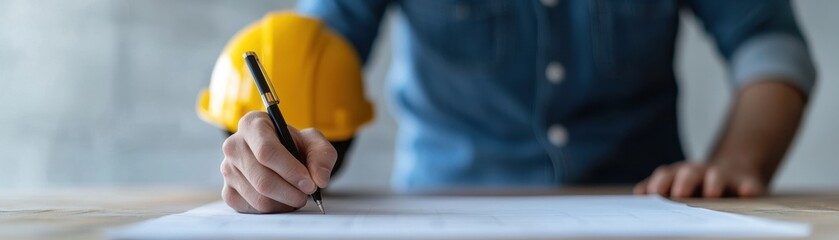A construction worker wearing a hard hat, focused on drawing plans with a pen on a table, showcasing workplace dedication.