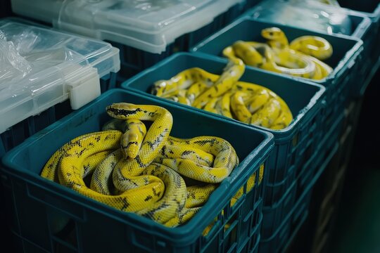 Yellow Python Snakes in Storage Baskets For an illegal trade