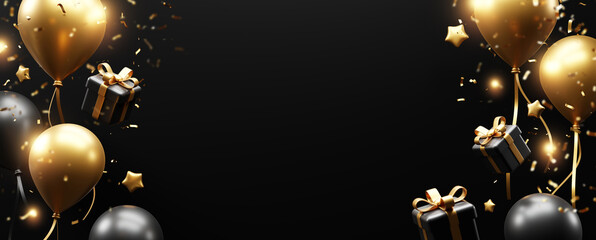 Black friday banner design of balloons and gift box with confetti on black background 3D render