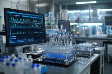 High-tech research lab with automated systems processing virus samples and epidemiology data