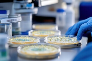 Epidemiology lab with virus culture samples growing in petri dishes under controlled conditions