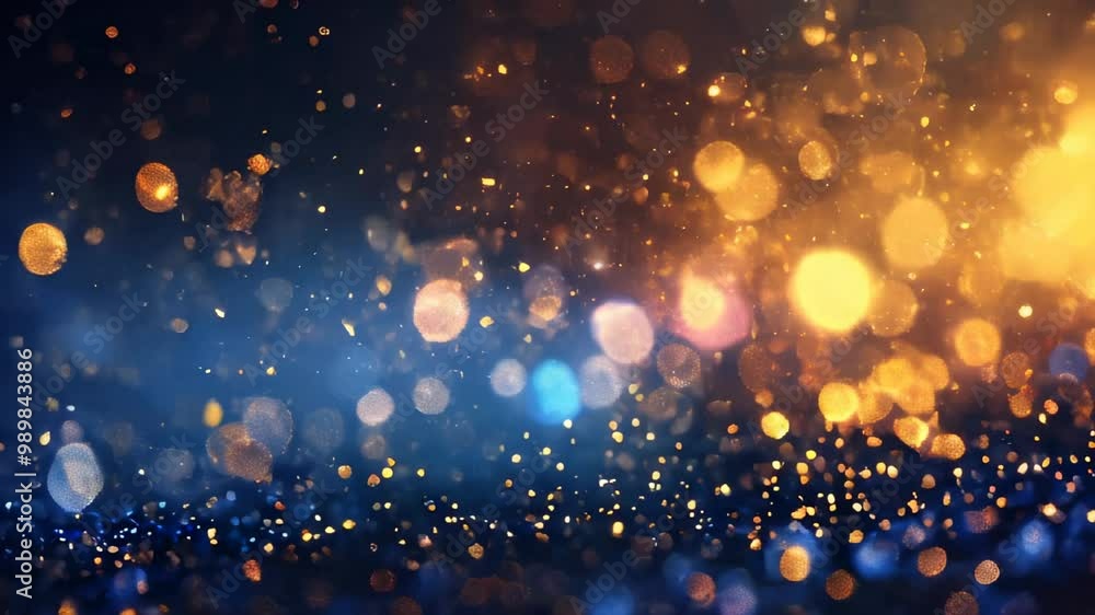 Poster abstract background with bokeh lights in blue and gold, creating a magical and festive atmosphere.