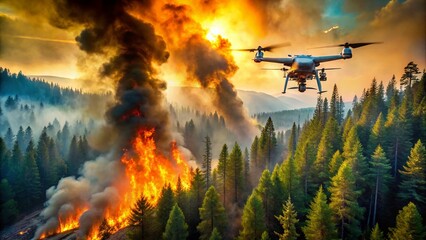 Obraz premium Aerial Drone Monitoring Wildfire Spread Over Forested Area with Smoke and Flames in the Background