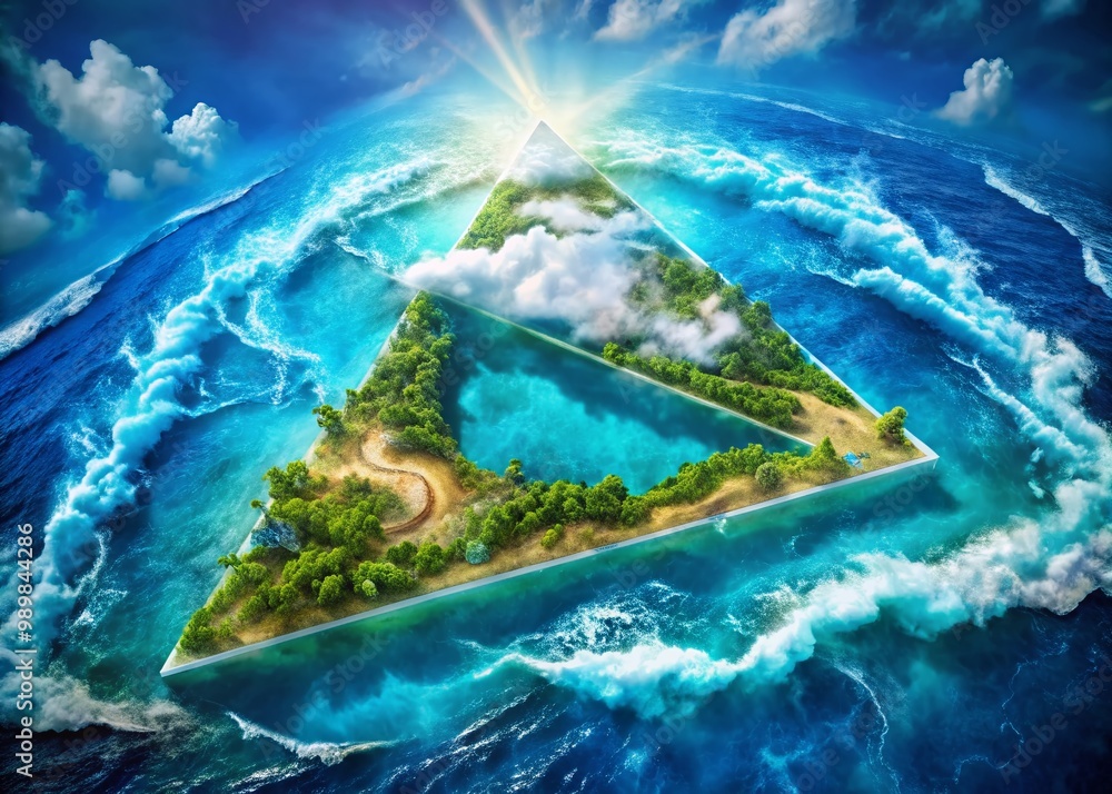 Poster aerial view of the bermuda triangle on a digital map with ocean waves and navigation elements