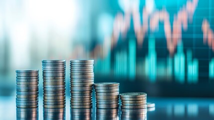 Neatly Stacked Coins with Financial Graph