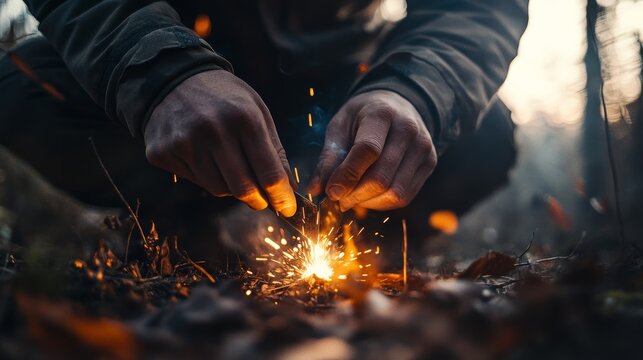Hiker Striking Flint to Ignite Fire in Forest