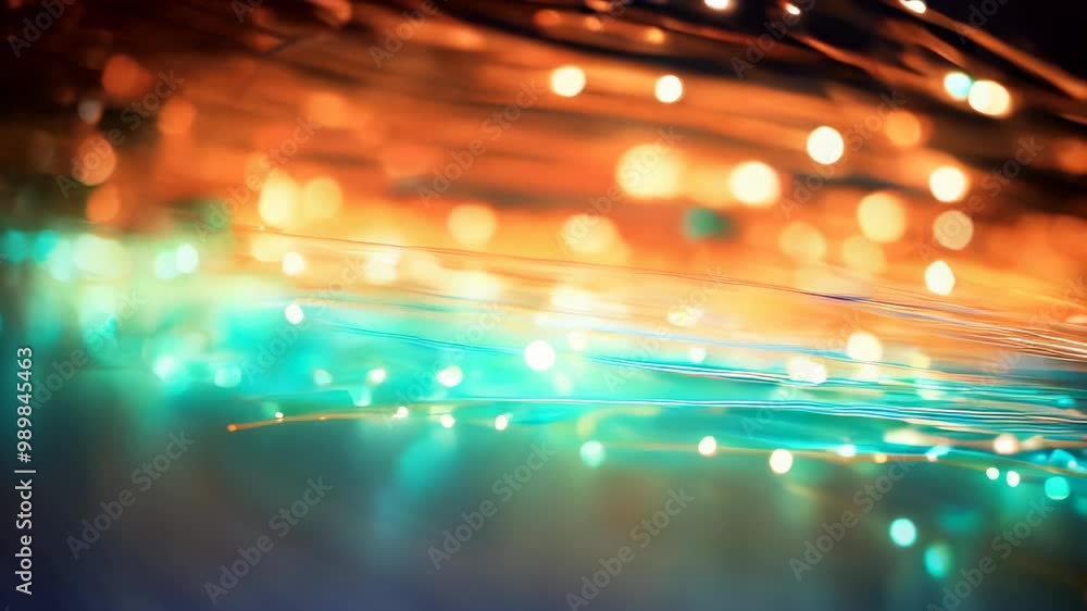 Aufkleber close-up of illuminated fiber optic cables with vibrant bokeh lights creating a dynamic technology b