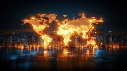 Fototapeta premium Illuminated world map over urban skyline at night