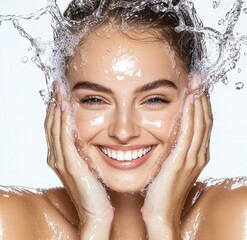 A beautiful woman smiling, washing her face with water in the style of an advertising photograph for skincare products.