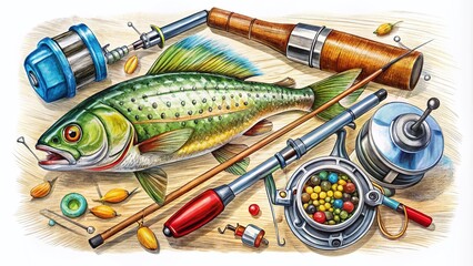 Artistic hand-drawn fishing pole illustration with detailed design elements and fishing accessories