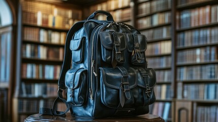 Naklejka premium A vintage-style leather backpack sits on a wooden table in front of a wall of bookshelves.