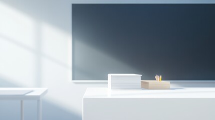 A bright podium in a classroom holds notebooks and a pencil case under soft lighting