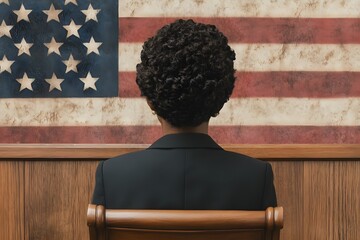 Back view of a black woman looking at the American flag. (Patriotic concept)