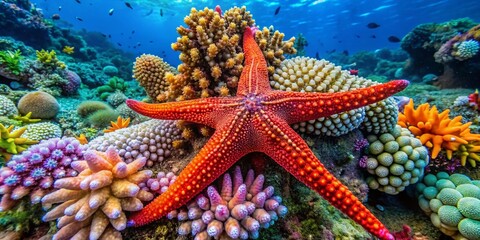 Fototapeta premium Atergatis roseus: Stunning Pink Sea Star on Coral Reef Displaying Vibrant Marine Biodiversity