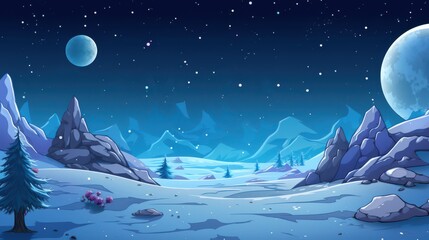 A Nighttime Scene with Two Moons and a Snowy Mountain Landscape