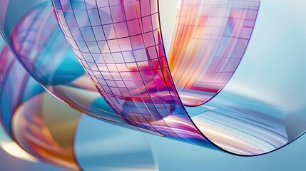 A closeup of an abstract glass curved shape with colorful lines, set against a light blue background. 
