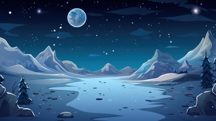 Nighttime Scene of a Snowy Mountain Range with a River and a Full Moon