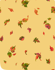 Autumn leaves pattern on textured yellow background.