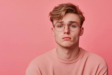 Fototapeta premium A contemplative young man with glasses on a pink background, embodying a sense of jadedness and introspection in a vibrant color setting