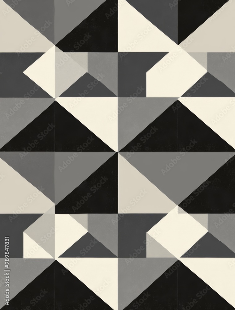 Poster geometric abstract design featuring a pattern of black and white squares with triangles , set agains