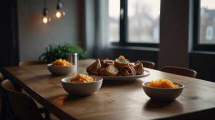 A cozy dining setup featuring a plate of baked goods and bowls of rice.