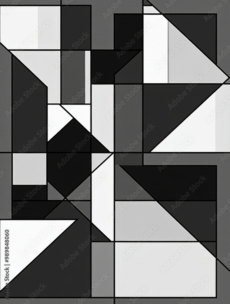 Poster geometric abstract design featuring a pattern of black and white squares with triangles , set agains