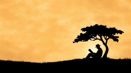 Silhouette of Person Reading under Tree at Sunset