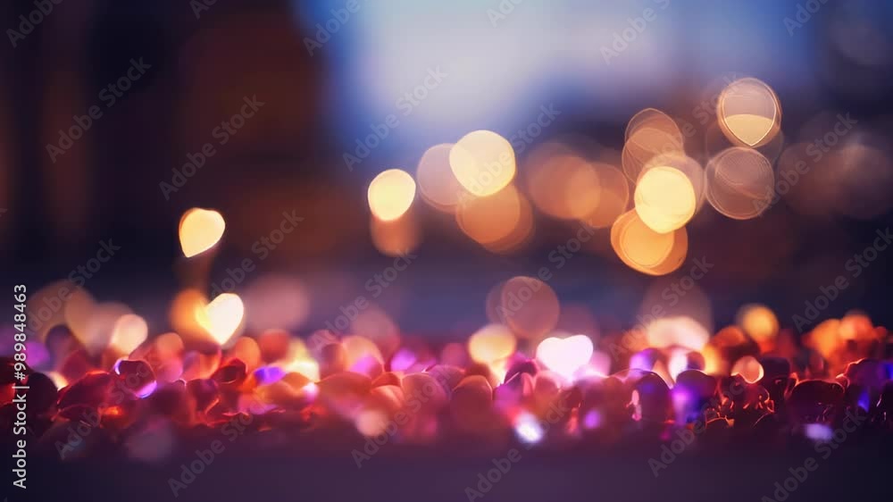 Poster a romantic scene featuring floating red hearts and blurred bokeh lights in warm tones, creating a dr
