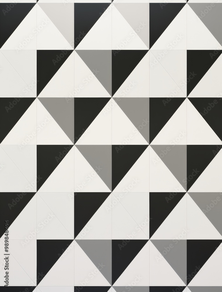 Poster geometric abstract design featuring a pattern of black and white squares with triangles , set agains