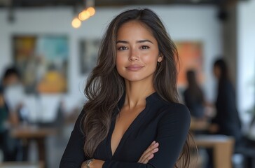Fototapeta premium A young professional woman in her late thirties, portrait, smiling at the camera with confidence and determination as she stands against an open office space background.
