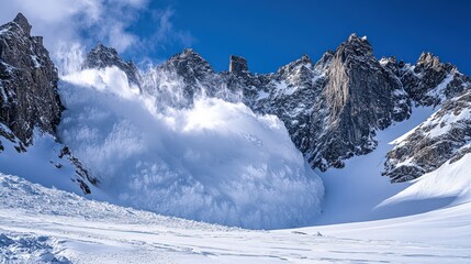 Dramatic snow avalanche rushing down a steep mountain slope