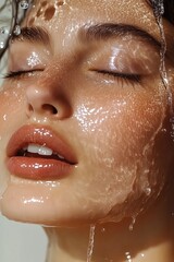 a close up of the face and neck of an beautiful woman with water pouring down her head