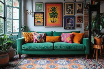 Cozy living room with vibrant decor and plants.