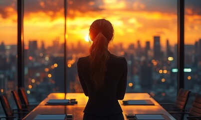 Businesswoman standing in a boardroom with a cityscape view, viewed from behind 