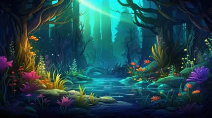 Obraz premium A Mystical Forest Stream with Vibrant Flowers and Sunlight Filtering Through the Trees