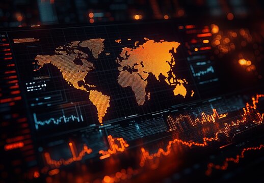 Digital background featuring stock market charts and graphs with a blurred world map in the foreground, conveying an atmosphere of global financial innovation and diversity. 