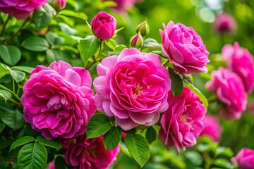 Beautiful Damask Rose Plant with Vibrant Pink Blooms and Lush Green Foliage in Natural Setting