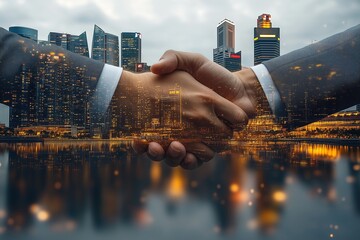 Double exposure of digital handshakes and the city skyline, symbolizing the business pulse in the city.