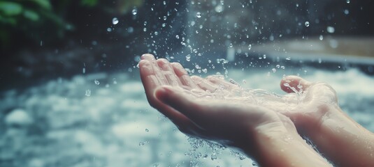 A close-up of opening two arms reaching out from the water, with drops and splashes visible in the air above it. 