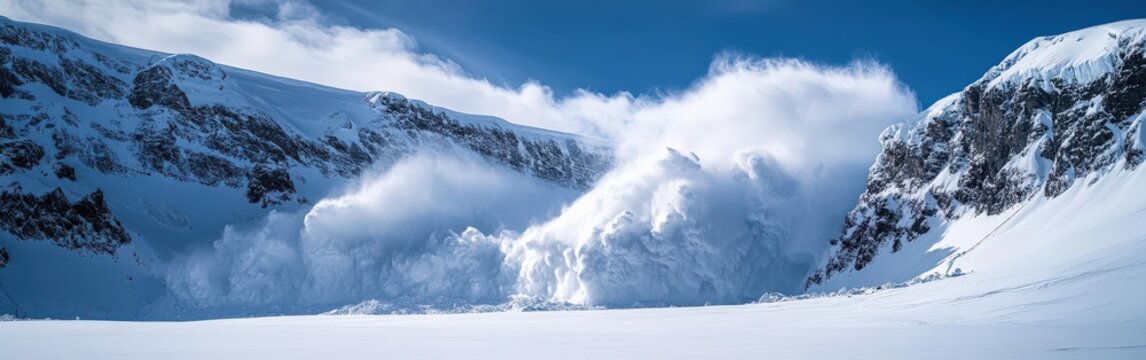 Dramatic snow avalanche rushing down a steep mountain slope