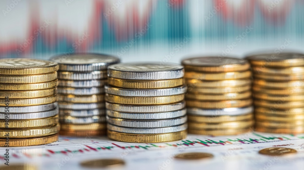 Poster ascending coin stacks with fluctuating graph