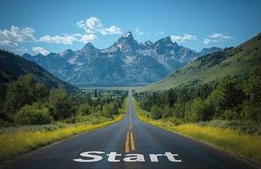 Photo of an empty road with the word "Start" written on it, leading to mountains and forests in the background. The arrow pointing towards a bright future symbolizes the beginning of a new journey or 
