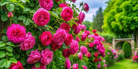 Fototapeta premium Beautiful Handel Climbing Rose with Vibrant Pink Blooms Against a Lush Green Garden Background