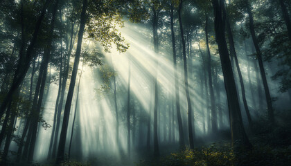 Fototapeta premium Tall, misty trees with sunlight streaming through the branches, creating a magical and mysterious forest atmosphere