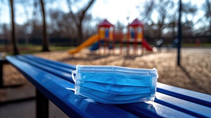 A blue face mask rests on a bench in a playground setting, highlighting health safety.