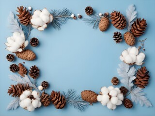 abstract pastel Winter border composition. Dried leaves, cotton flowers, berries, pine cones on a pastel blue background