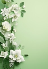 Soft green and white color scheme featuring floral elements in the background
