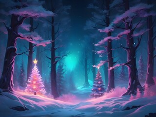Fototapeta premium abstract pastel Glowing neon Night winter forest fantasy landscape with Christmas decorated tree for postcard