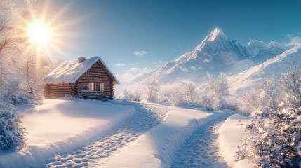 Charming snowy chalet with sunlit mountain backdrop
