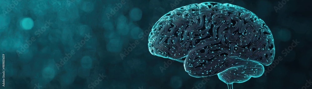 Poster a detailed 3d rendering of a brain, showcasing intricate textures against a luminous blue background